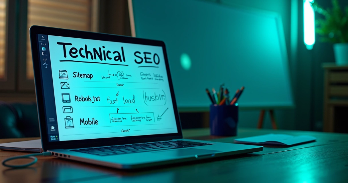 Checklist técnico de SEO com elementos de site e lousa digital 