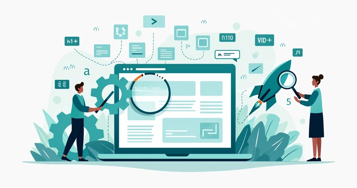 Ilustração conceitual de engrenagens conectadas otimizando landing page SaaS para SEO 