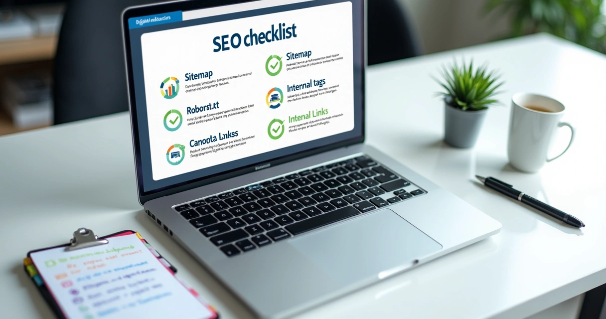 Checklist visual de SEO técnico em laptop
