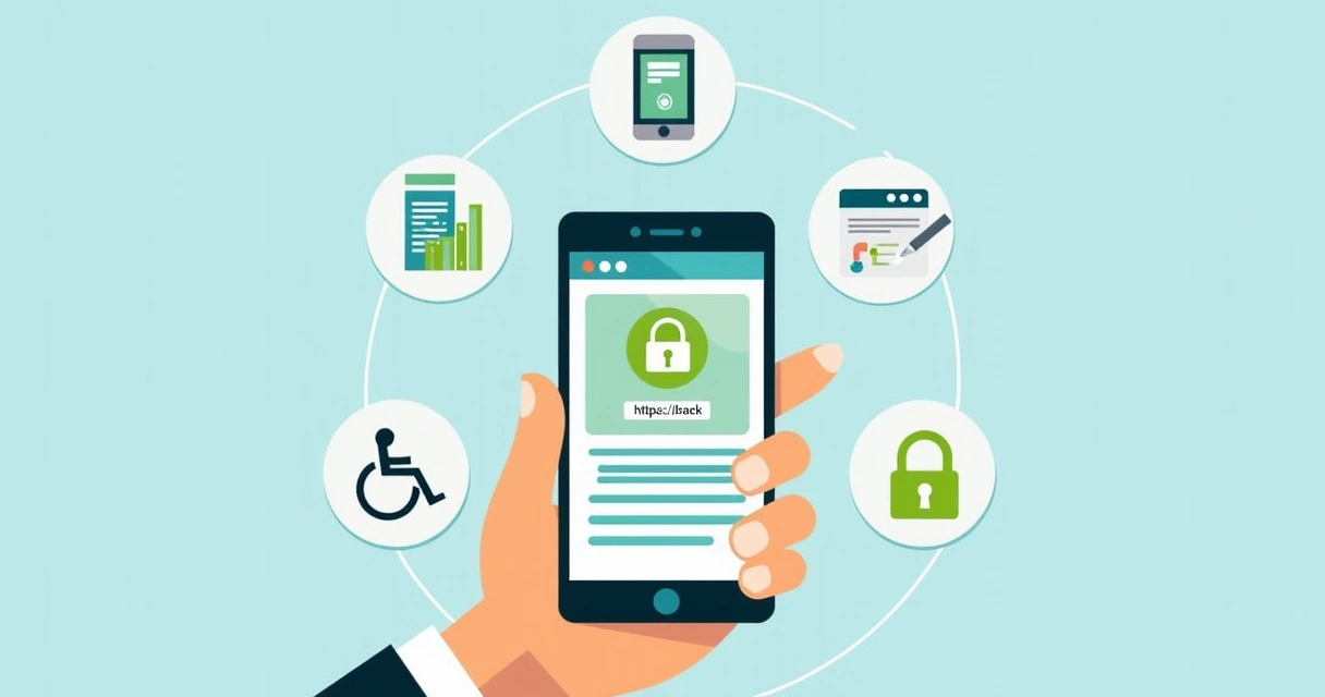 Ilustração de smartphone seguro com certificado SSL e site responsivo 