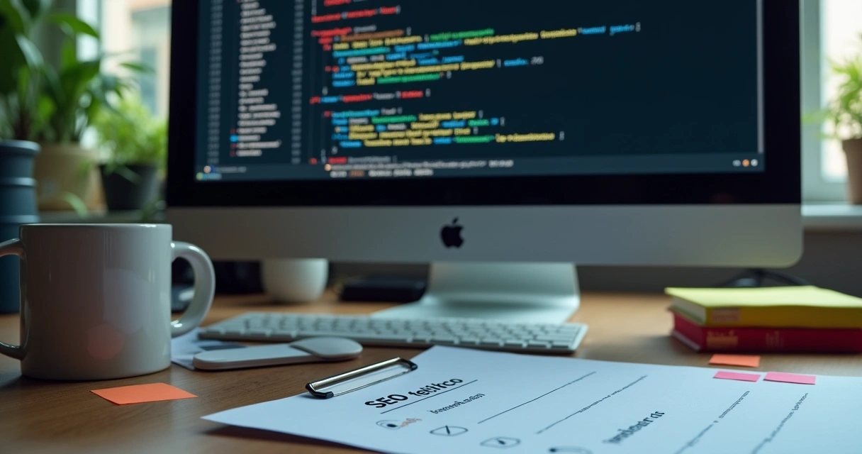 Painel de código fonte com destaques em tags e meta descrições otimizadas 