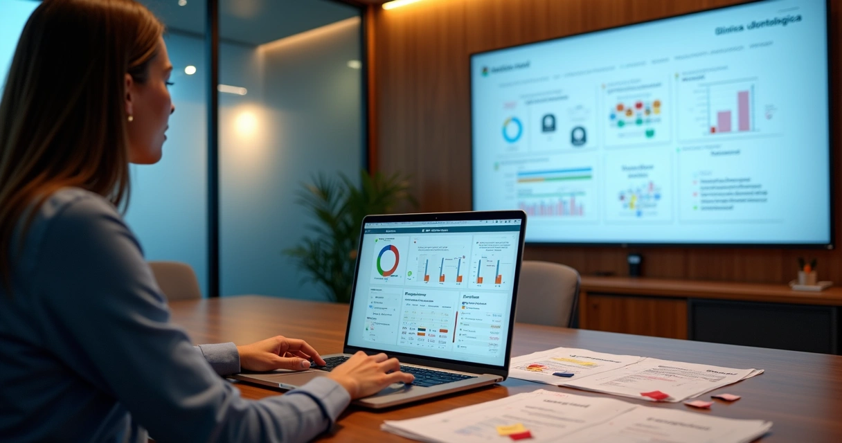 Gestor de clínica analisando mapa de calor e erros de SEO técnico no notebook 