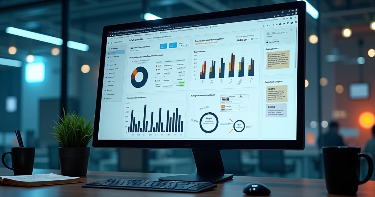 Dashboard de SEO técnico com gráficos e métricas em tela de computador 
