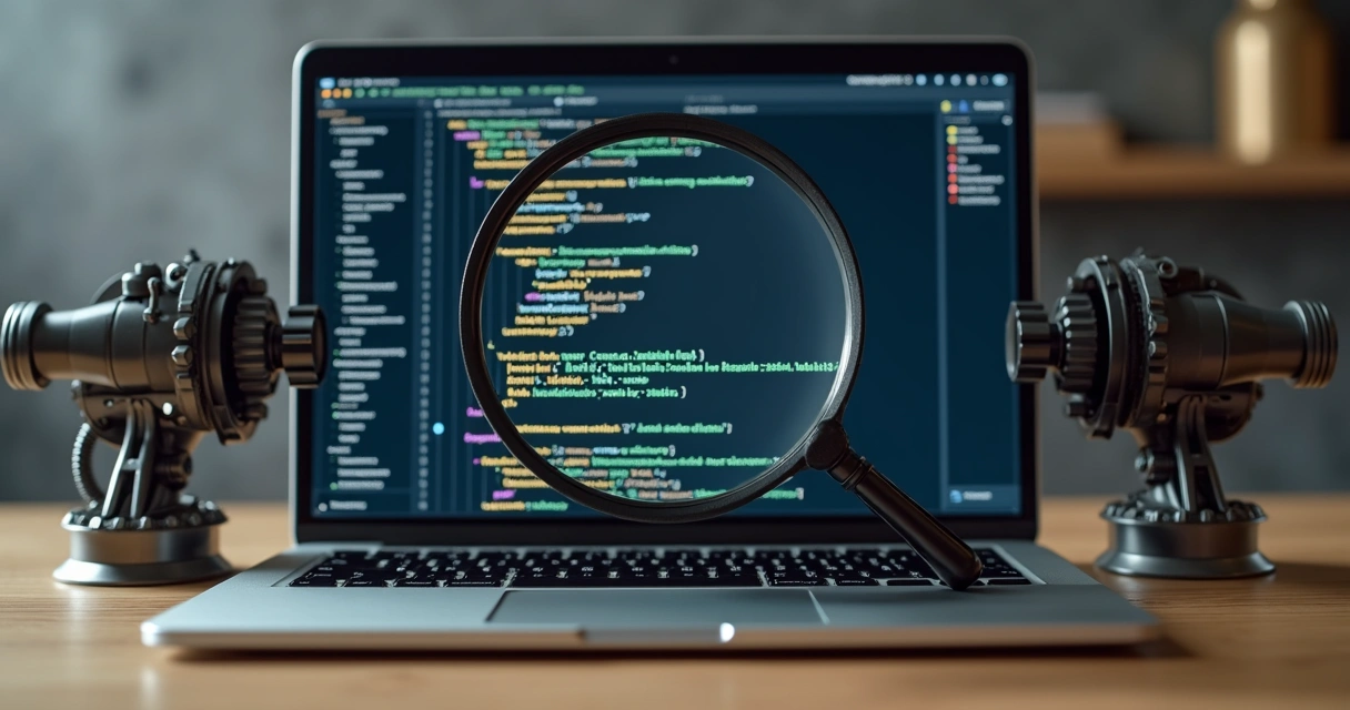 Códigos na tela, lupa e engrenagens ao redor de computador 