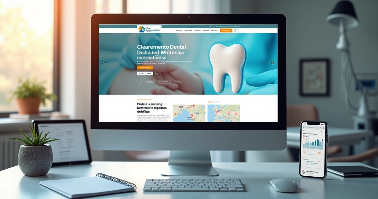 Página web mostrando seção de clareamento dental e ferramentas de SEO detalhadas em destaque