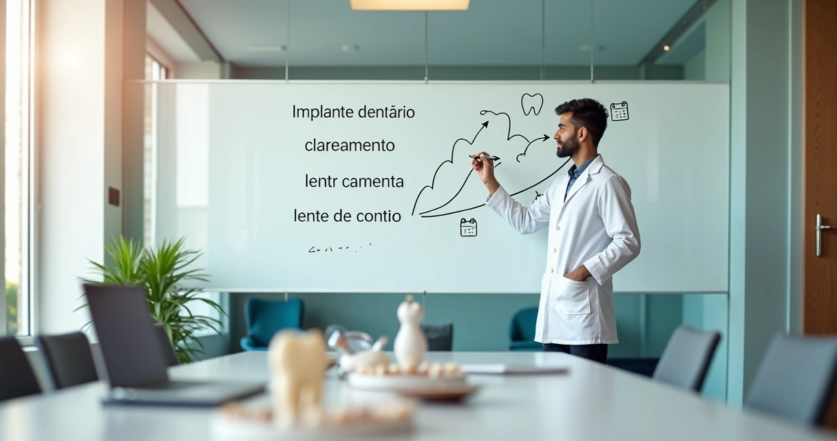 Dentista planejando SEO de tratamentos odontológicos em frente a quadro com palavras-chave 