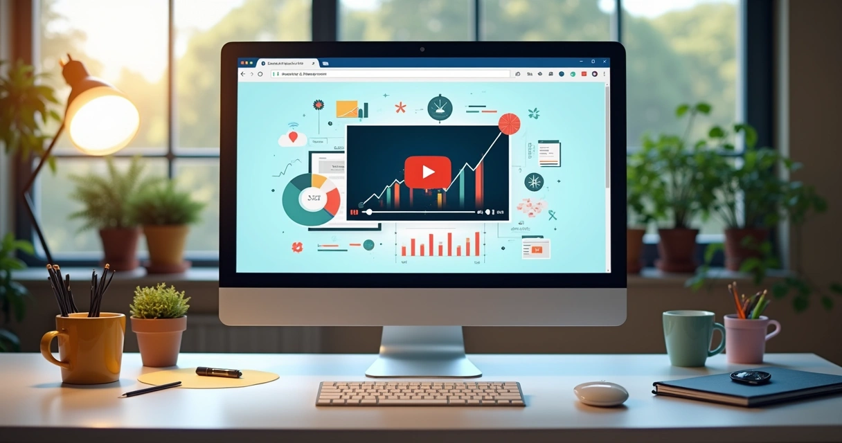 Página de site com vídeo curto em destaque e gráficos de SEO subindo 