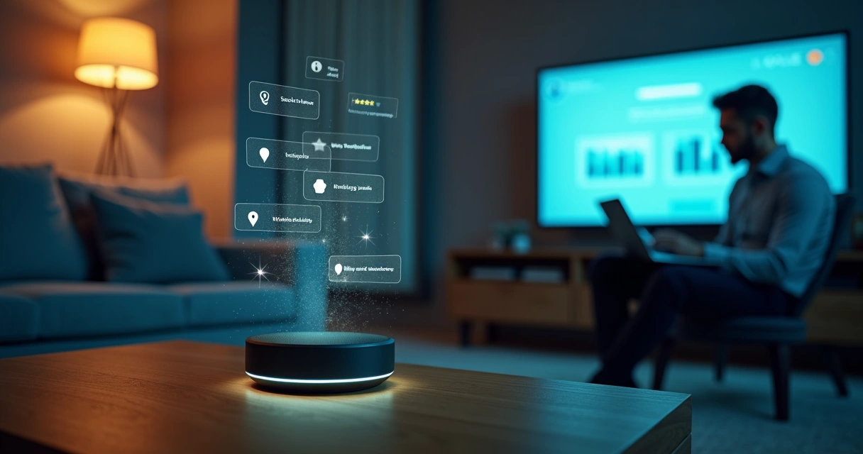 Assistente de voz inteligente ouvindo comando em ambiente moderno 