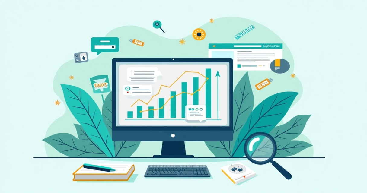 Ícones de SEO e conteúdo em site subindo nos rankings 