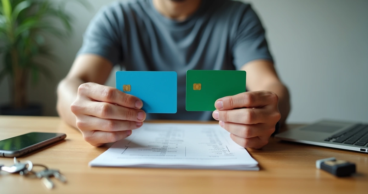 Empresário brasileiro segurando dois cartões separados de pessoa física e jurídica 