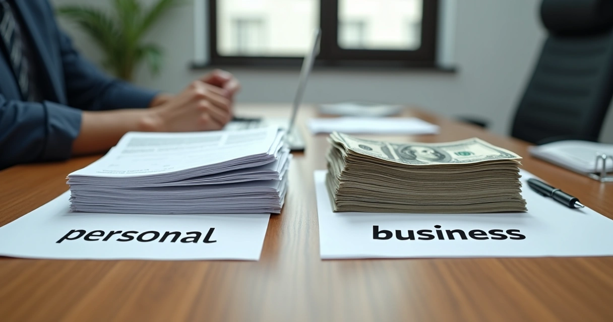 Duas mesas lado a lado com pilhas de dinheiro e documentos, cada lado claramente rotulado como pessoal e empresarial. 