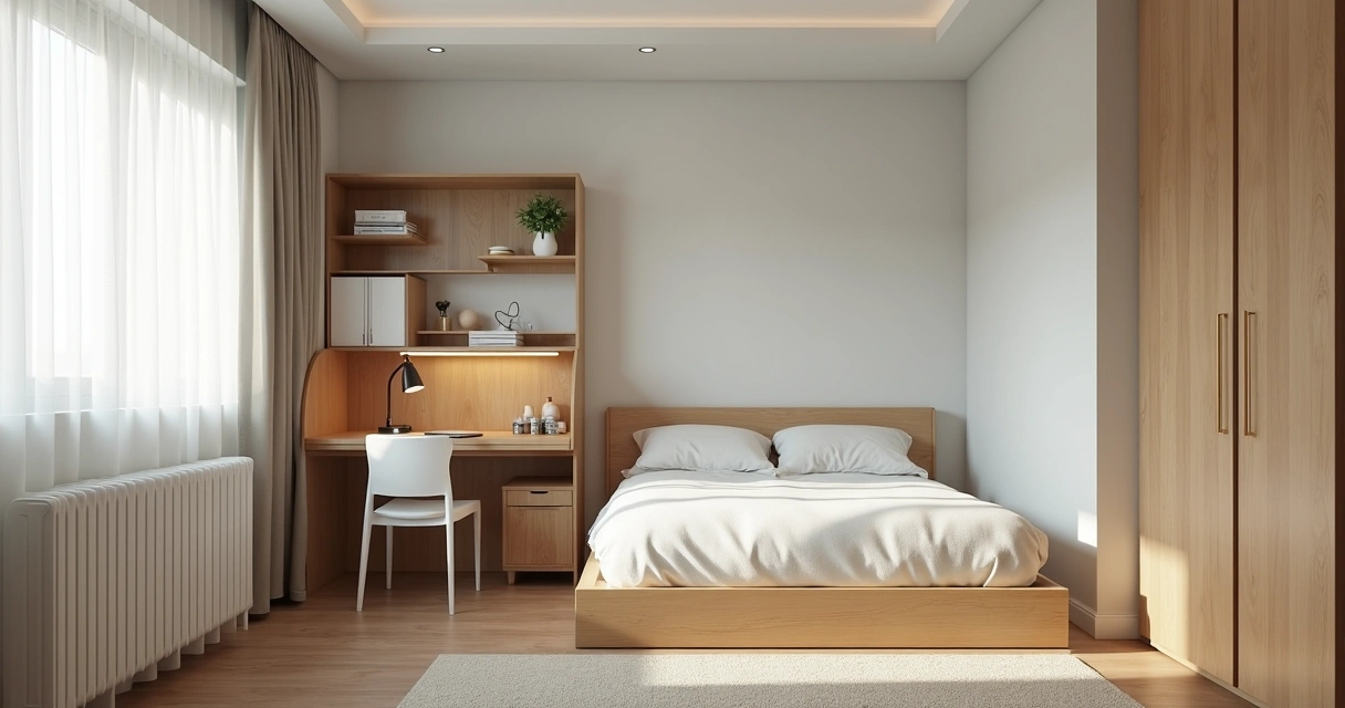 Divisor visual separando área de trabalho e cama em quarto alugado 