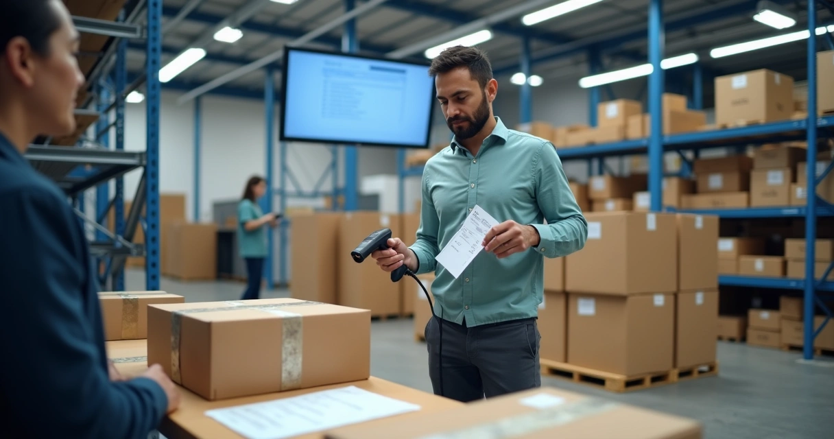 Equipe separando pedidos com etiquetas e conferência digital