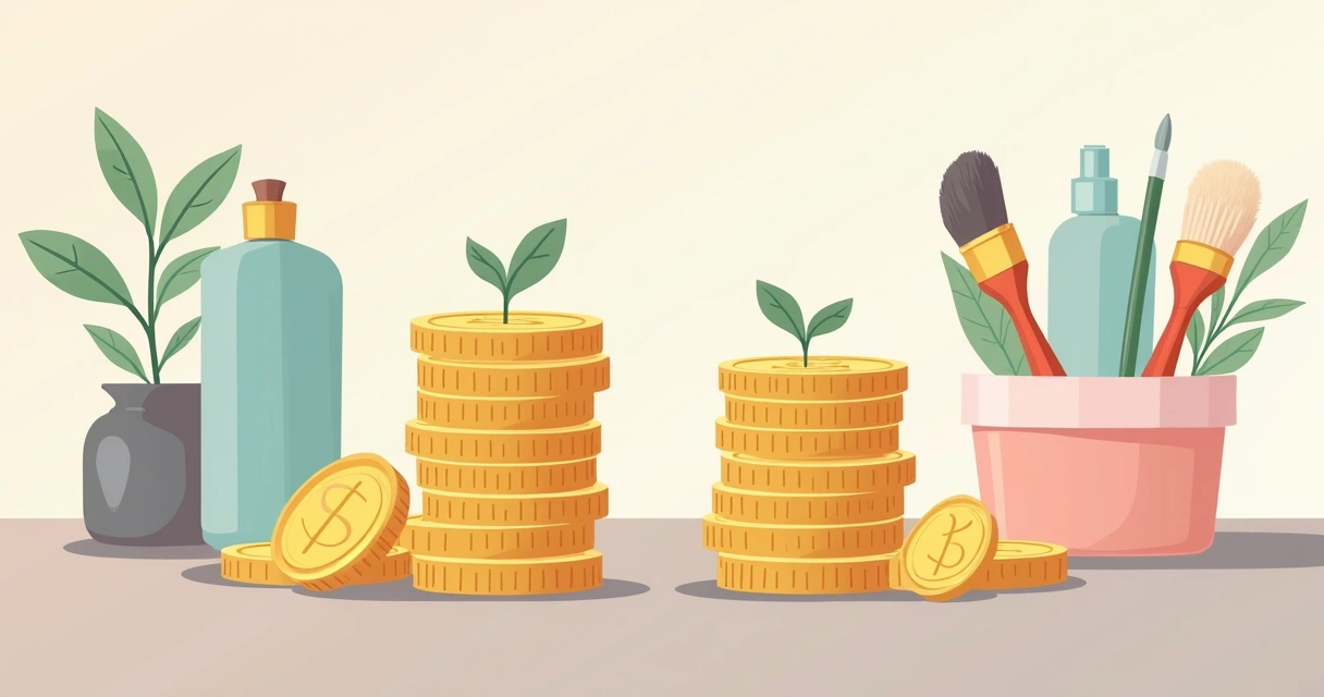 Duas pilhas de moedas separadas simbolizando contas pessoais e de negócio, fundo claro e objetos de beleza 