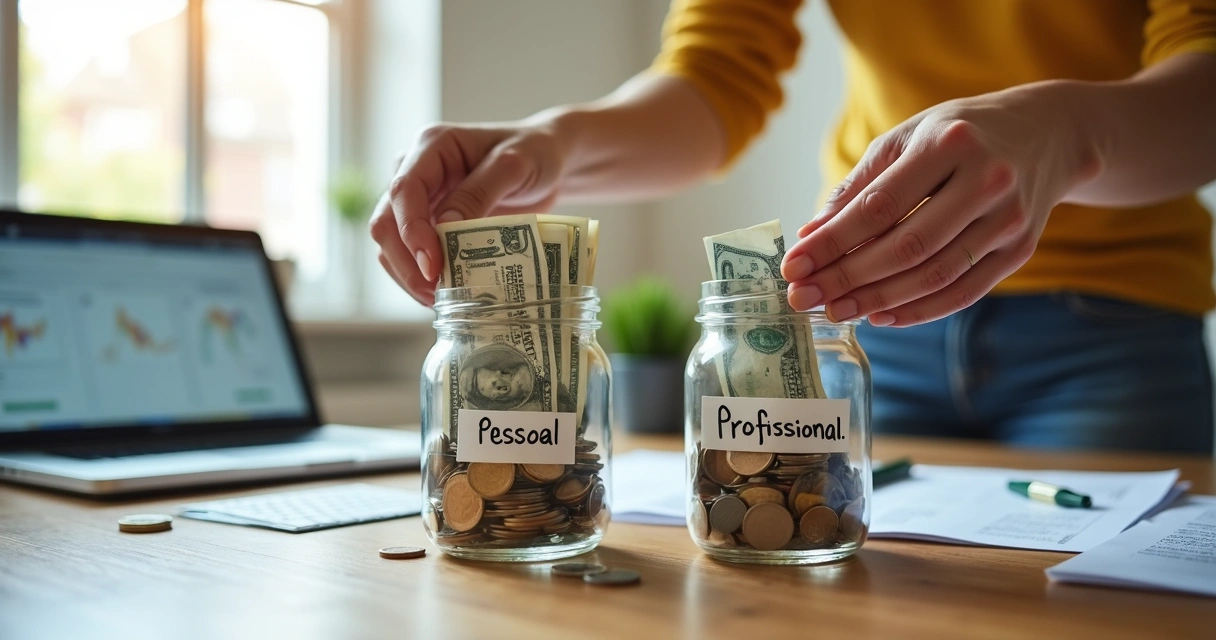 Pessoa dividindo notas entre dois potes rotulados como pessoal e profissional