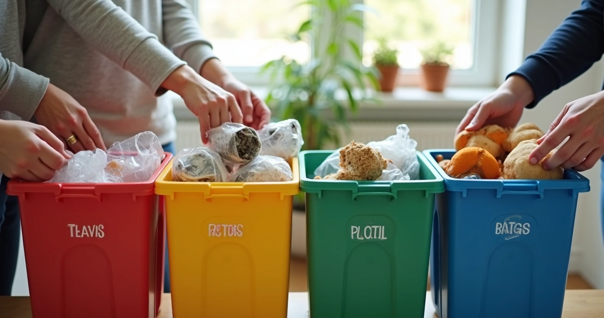 Separação de materiais recicláveis em recipientes coloridos 
