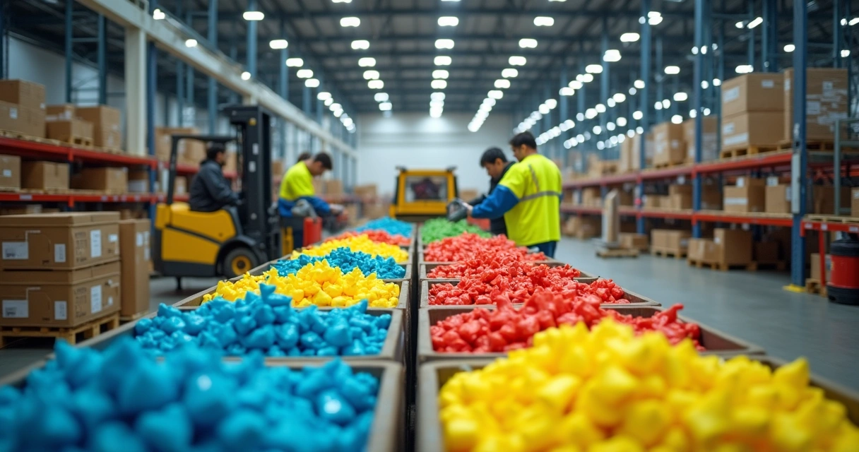 Logística com separação usando cores de sacos de ráfia 