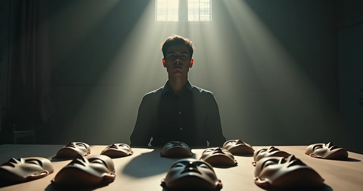 Pessoa diante de várias máscaras diferentes sobre uma mesa 