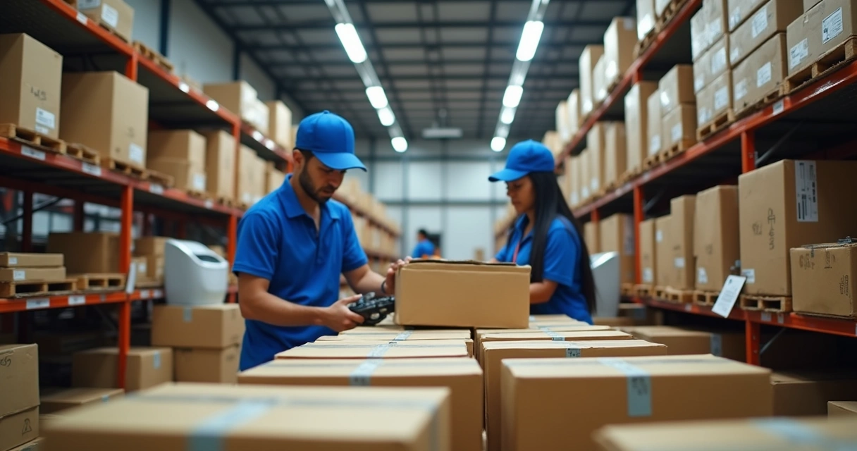 Separação de pedidos em centro de distribuição com caixas etiquetadas