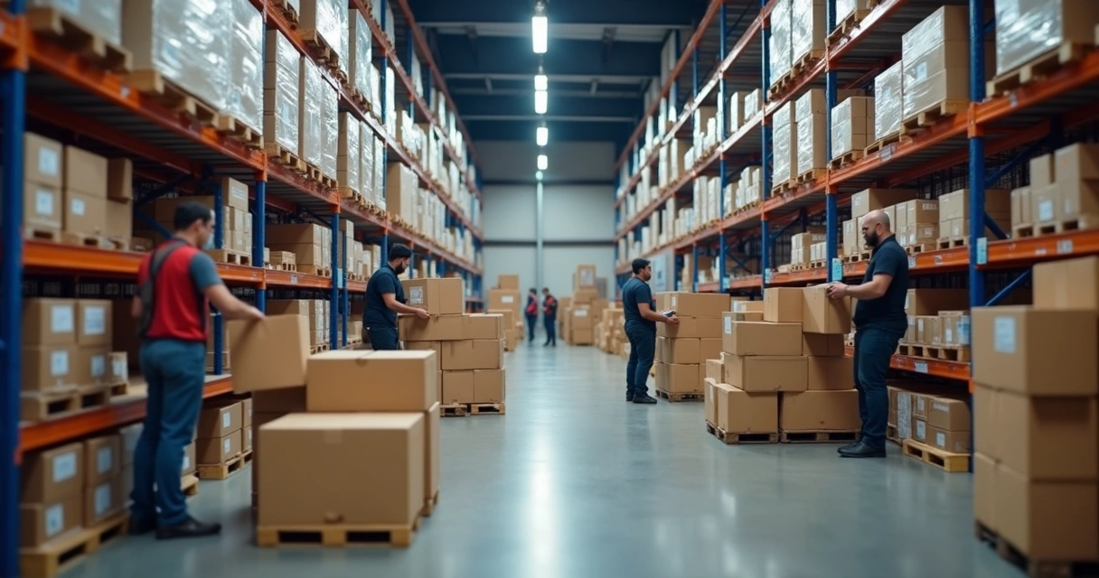 Equipe separando pedidos em centro de distribuição organizado 