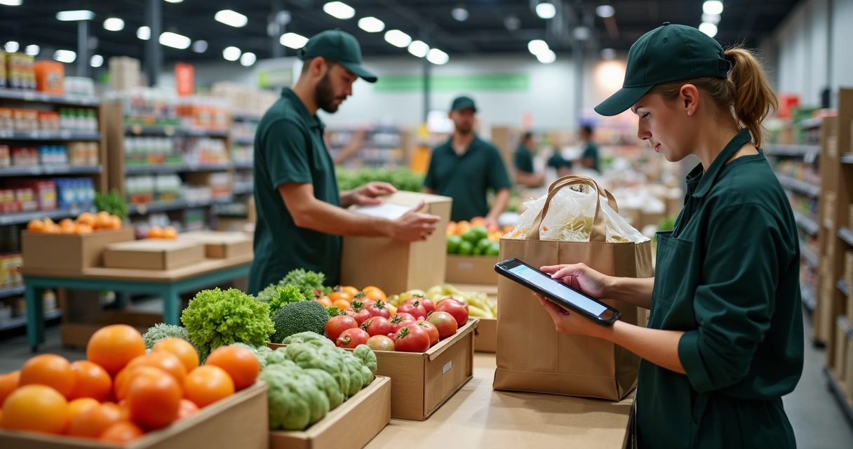 Equipe separando pedidos de supermercado para entrega 
