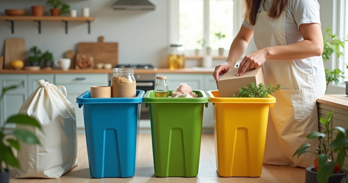 Separação de resíduos domésticos em recipientes coloridos