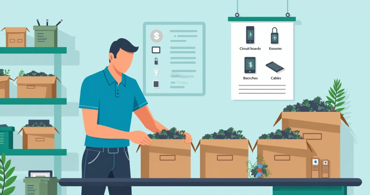 Funcionário separando resíduos eletrônicos em caixas diferentes