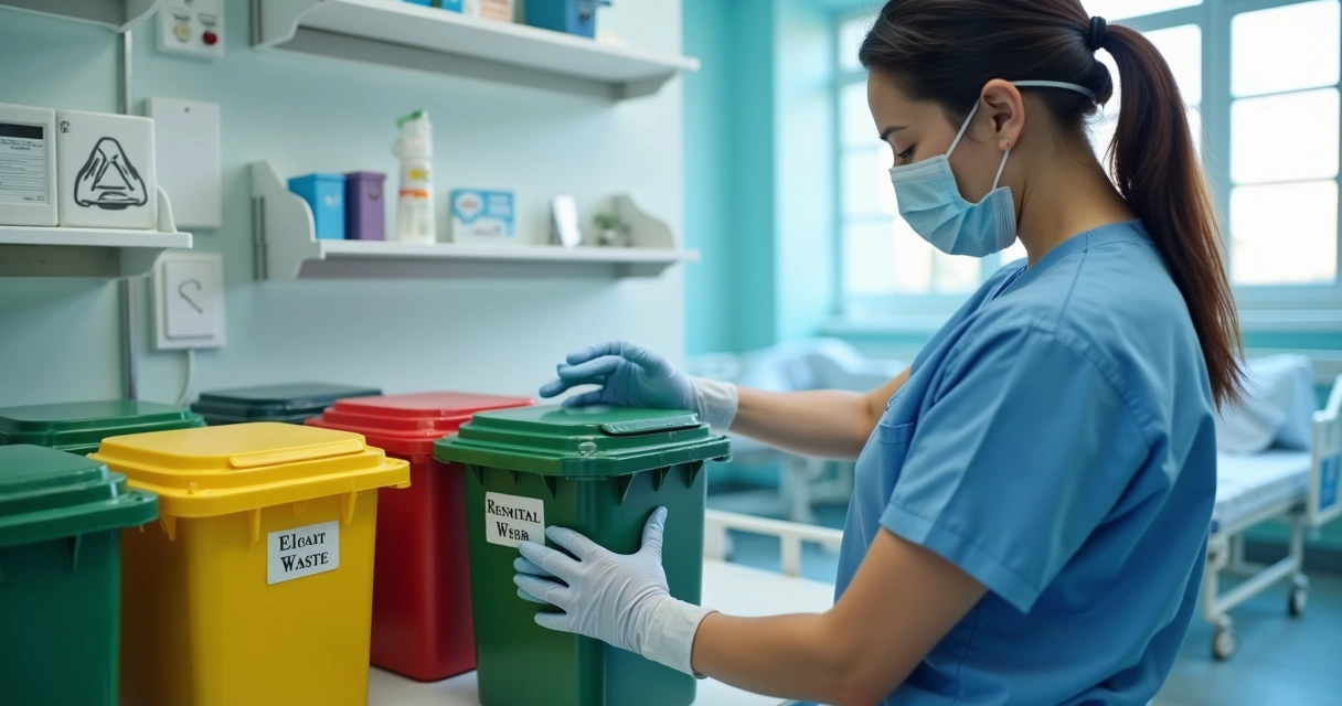 Profissional da saúde separando resíduos hospitalares em recipientes com cores diferentes 