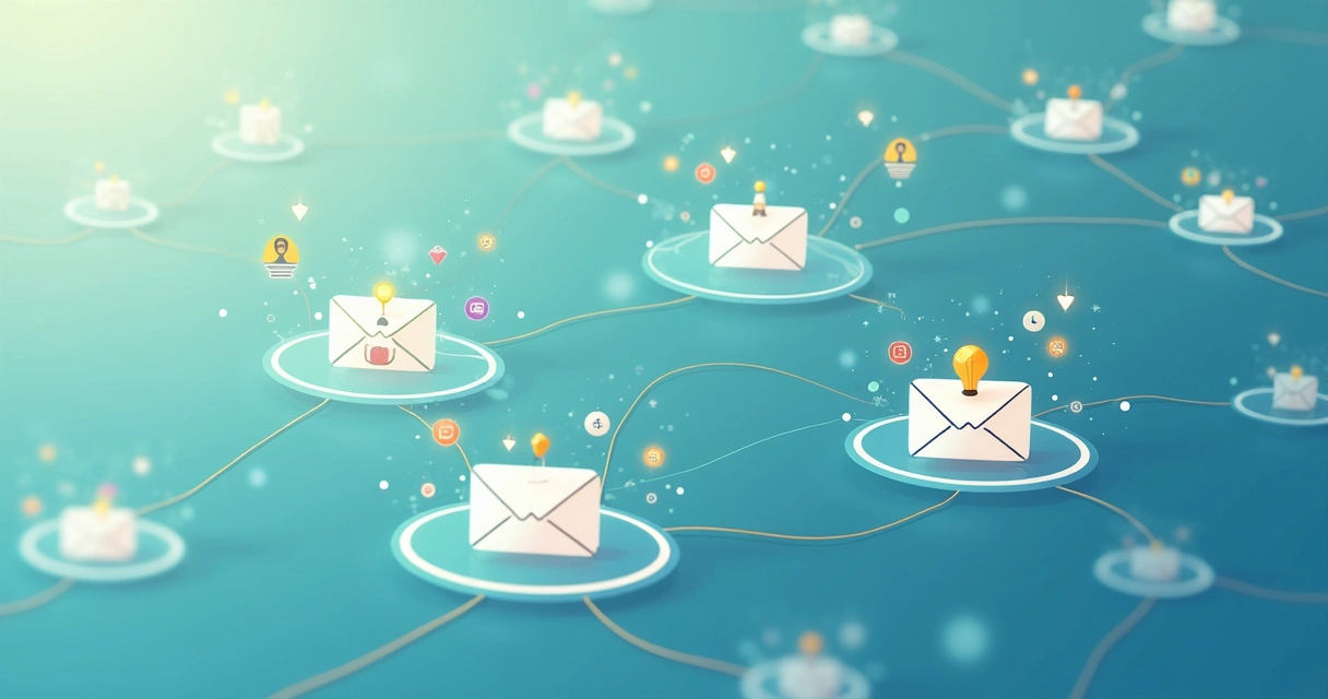 Sequência visual de e-mails automatizados conectando pessoas e empresas ilustradas em grafismo moderno 