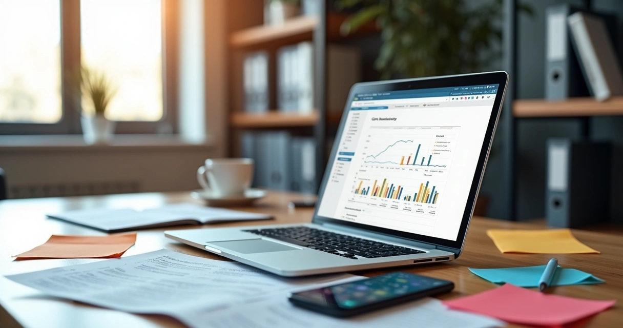 Mesa com laptop aberto exibindo sequências de e-mail em CRM, porções de texto, gráficos de engajamento e notas ao redor em ambiente de escritório moderno e iluminado 