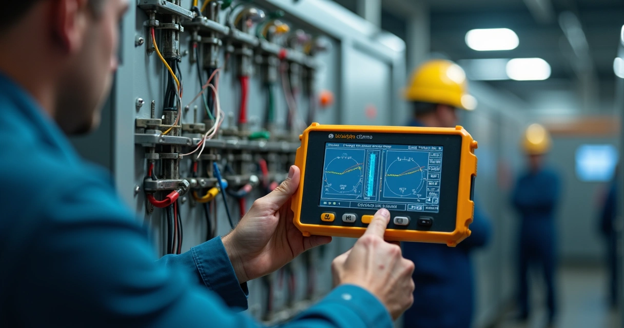Técnico medindo sequência de fases em painel elétrico industrial