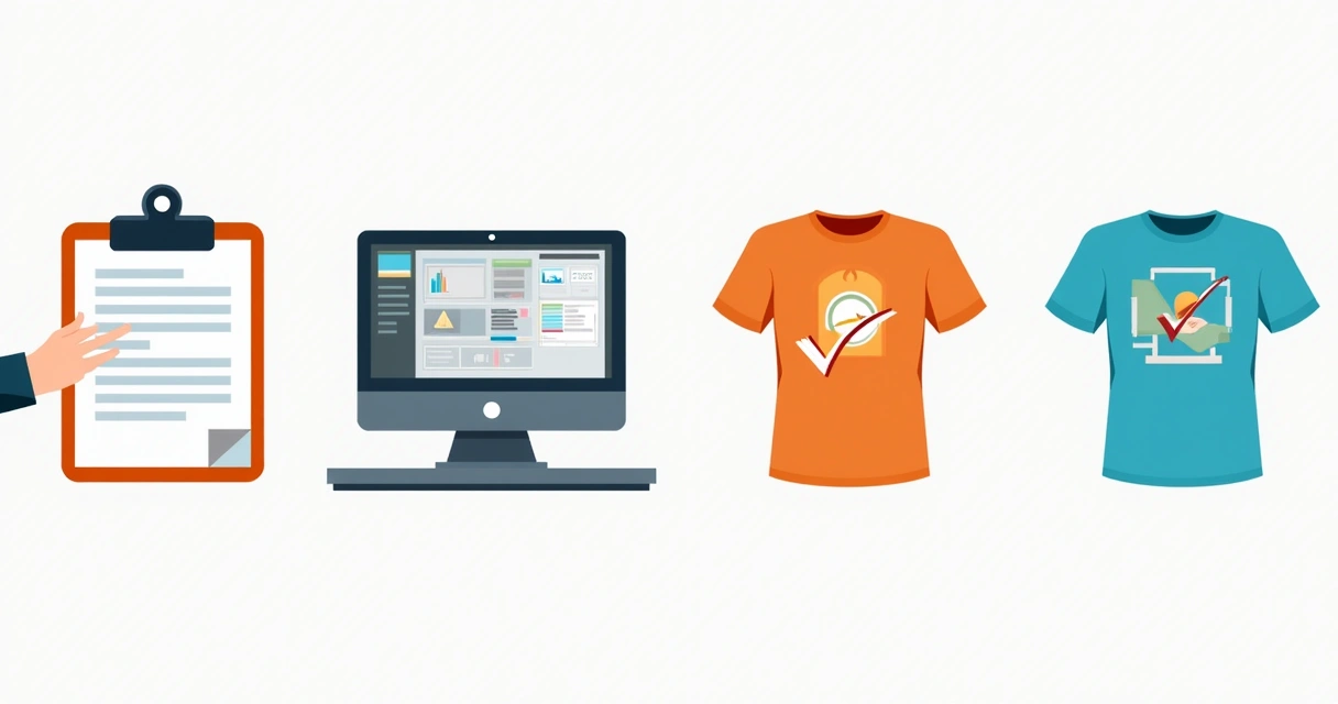 Sequência visual do processo de criação de camiseta personalizada: briefing, arte digital, aprovação e peça pronta 