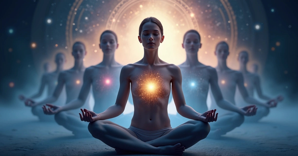 Pessoa de olhos fechados envolvida por silhuetas translúcidas representando um ser ampliado e consciente 