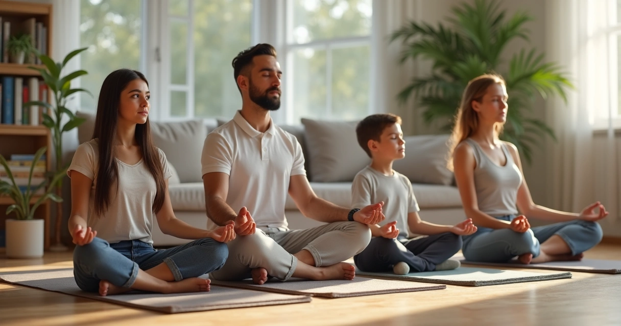 Familia reunida meditando tranquilamente en el salón principal 