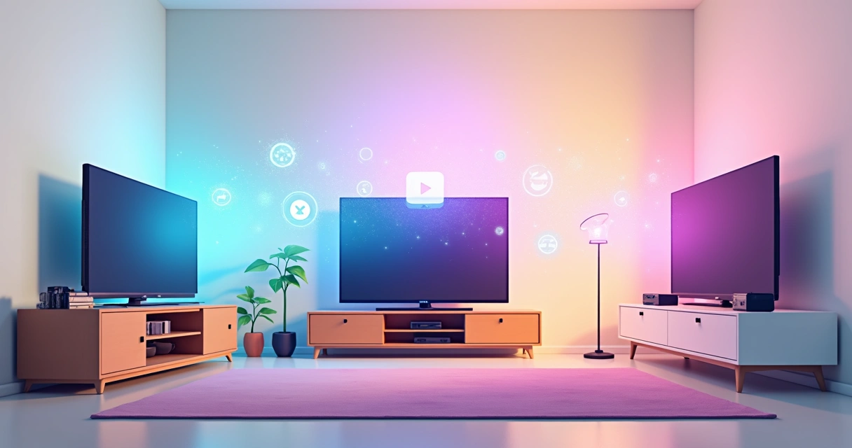 Salas de TV dos anos 80 conectadas por hologramas tecnológicos 