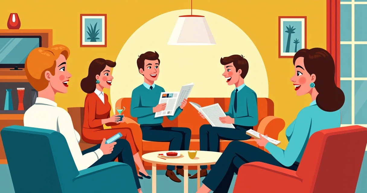 Cenário colorido de uma sala dos anos 60 com personagens de séries de comédia interagindo 