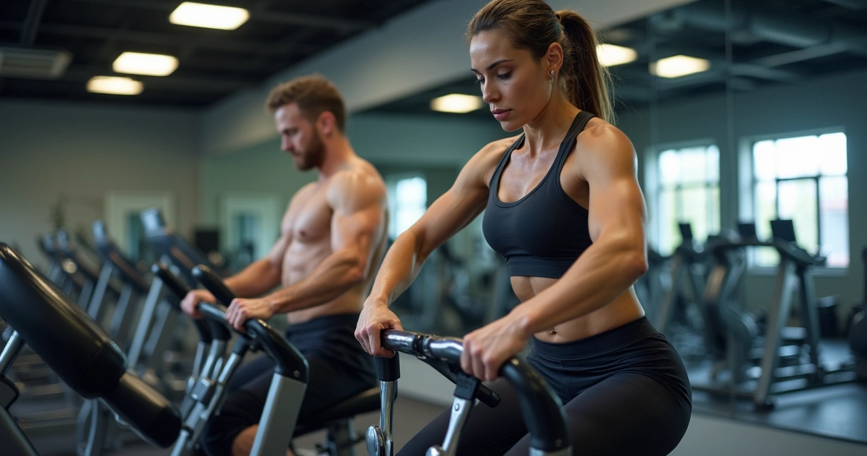 Homem e mulher praticando exercícios em aparelhos de academia 