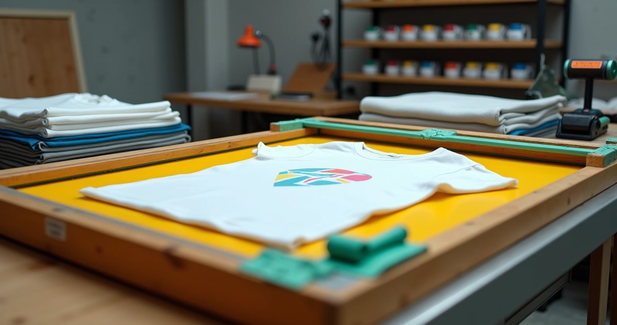 Tela de serigrafia posicionada sobre camiseta branca em mesa de estúdio 