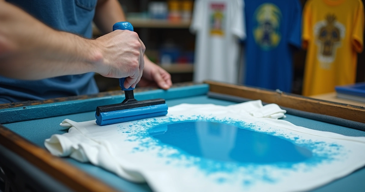 Serigrafia sendo aplicada em camiseta branca em ambiente de oficina gráfica 