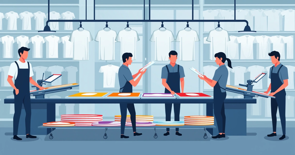 Linha de produção estampando camisetas com silk screen em fábrica moderna 