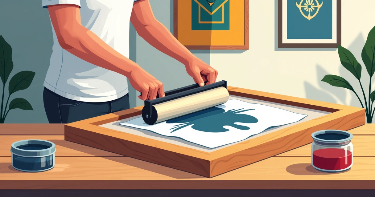 Equipamento de serigrafia com tela e rado aplicando tinta sobre camiseta 