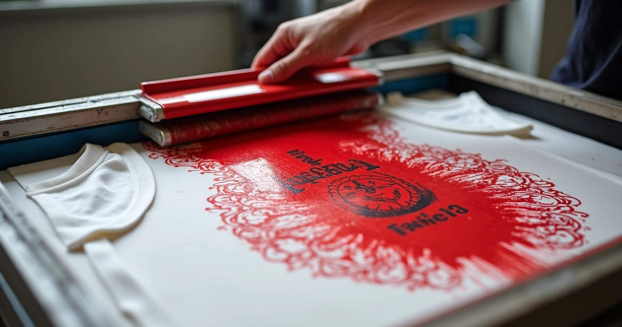 Tela de serigrafia com matriz posicionada sobre tecido