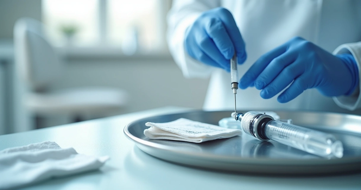 Seringa e materiais médicos em ambiente clínico esterilizado 