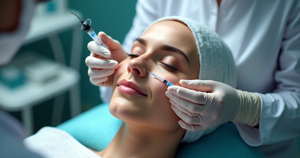 Profissional aplicando injeção facial em paciente deitada, ambiente clínico e luz suave 