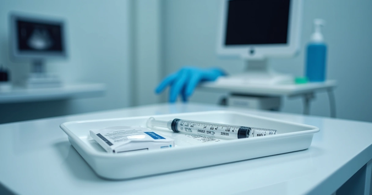 Seringa e embalagem médica lacrada em ambiente clínico 