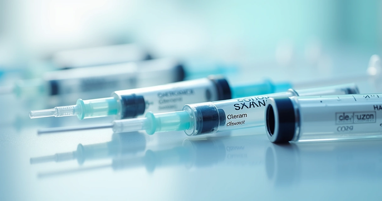 Seringas de enoxaparina em foco sobre superfície clara. 