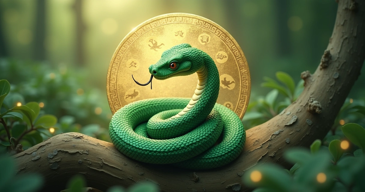 Serpente em fundo com símbolos chineses e tons de verde 