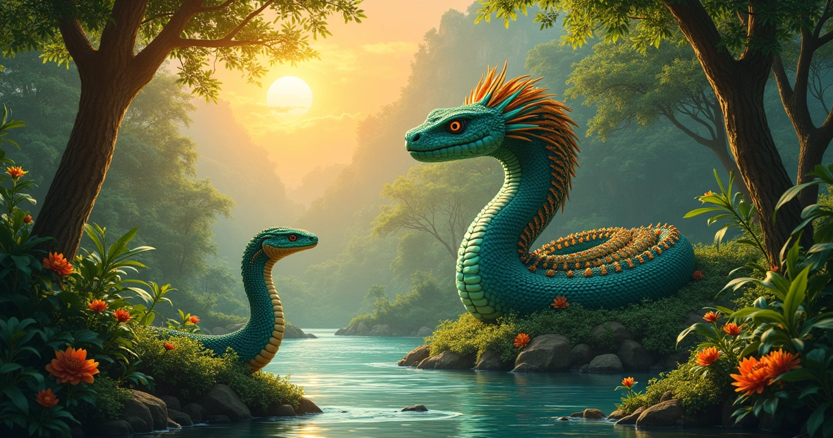 Serpentes míticas em uma floresta sob o pôr do sol: Quetzalcóatl e Mamute, representando a mitologia indígena.