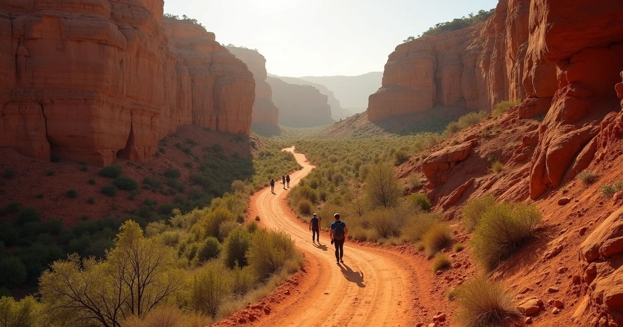 Caminho de trilha na Serra da Capivara com paredões de pedras e pinturas rupestres