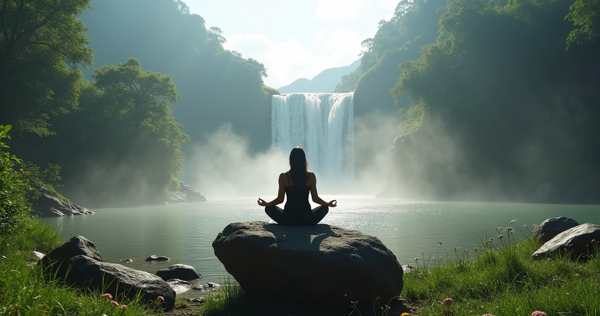 Pessoa meditando em pedra na Serra do Cipó, com cachoeira ao fundo